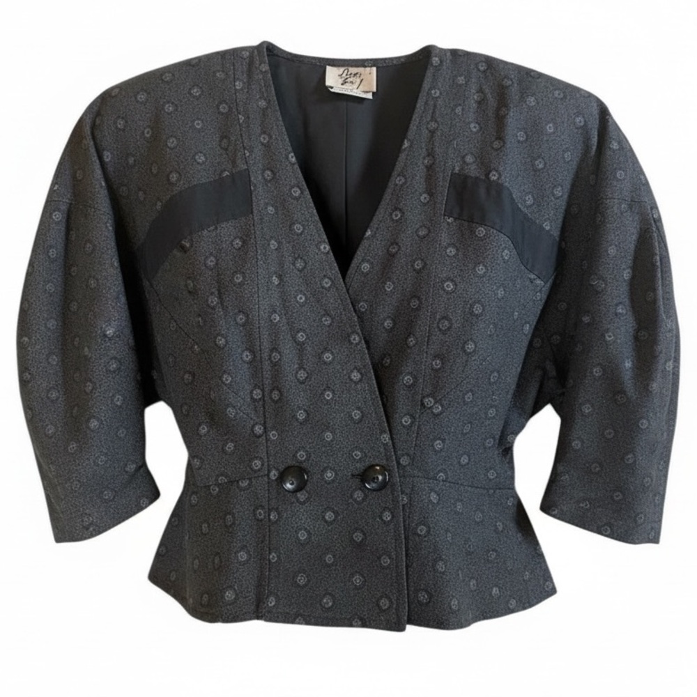 Vintage Byer Too Gray Geometric Print Peplum Blazer 80s Dolman Sleeve Jacket 🇺🇸